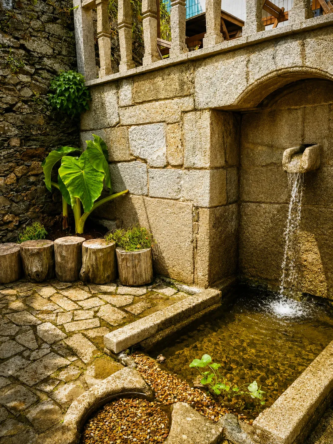 Fuente de piedra tradicional en los jardines del Pazo do Souto
